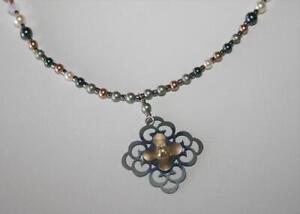 Holly Yashi Beaded, Crystal with Gun Metal & Gold Flower Necklace J492