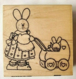 MOMMA BUNNY & BABY in WAGON rubber stamp, wood mounted 1995 FNDRS KEEPERS – EUC - Picture 1 of 6