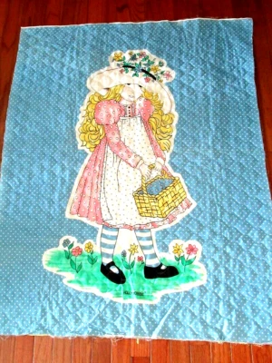 35X45 VTG MANES AM GREETINGS HOLLY HOBBIE PINK BLUE COTTON QUILT PANEL FABRIC - Image 1 of 4