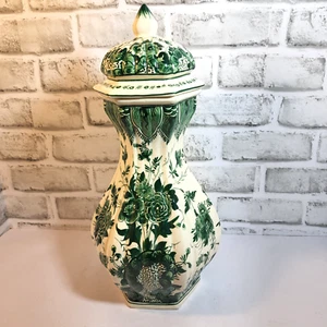 Vintage Hand Painted Green and White Ceramic Jar with Lid Made in Italy 15" - Picture 1 of 11