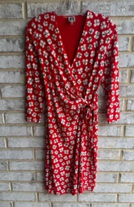 Anne Klein 3/4 Sleeve Red with White Poppie Faux Wrap Dress Women's Size S - Picture 1 of 10