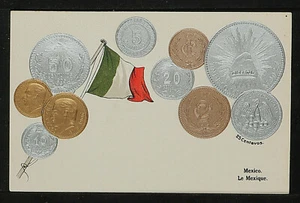 46.-1900's VINTAGE MEXICO EMBOSSED COPPER, SILVER & GOLD COINS & FLAG POSTCARD - Picture 1 of 2