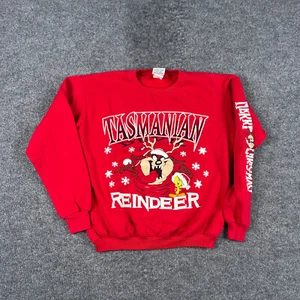 Vintage Tasmanian Devil Sweatshirt Youth L/XL Red Reindeer Christmas 1996 Taz - Picture 1 of 13