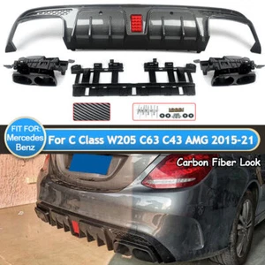 B STYLE LED BUMPER DIFFUSER + Carbon EXHAUST TIPS FOR 15-21 BENZ W205 C63 C43 - Picture 1 of 12