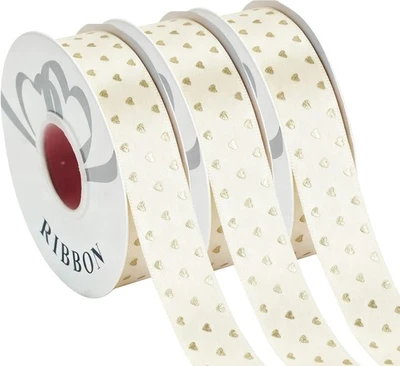 Cinta de regalo con estampado de corazón dorado - 1 pulgada 75 yardas borde de color surtido beige  Foto 1 de 4