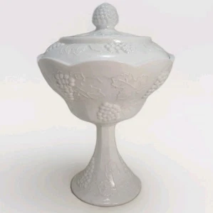 Piatto caramelle matrimonio vetro latte uva raccolta vetro Indiana vintage con coperchio - Foto 1 di 12