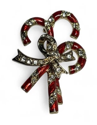 Broche de bastón de caramelo de Navidad Monet prendedor cristales aleación tono dorado estrás esmalte Foto 1 de 4