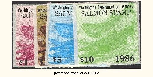 HALFPRICEFISH Washington Salmon Stamp Cplt. Set 1986 $1,$3,$5,$10 - Image 1 of 1
