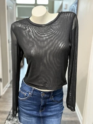 Madden Girl Sz XL Rhinestone Sheer Crop Top Long Sleeve Featival Grunge Sexy 🔥 - Image 1 of 4