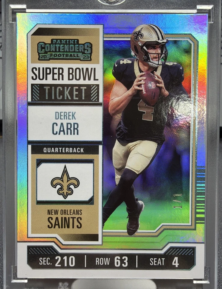 VERDADEIRO 1/1 - Derek Carr- 2023 Contenders SUPER BOWL TICKET Prêmio 1/1 - Imagem 1 de 4