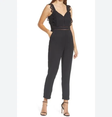Adelyn Rae Black Crochet Ruffle Trim Ankle Length Jumpsuit Size Large - Изображение 1 из 4