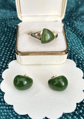 14K Yellow Solid Gold Green Jadeite Jade Post Earrings & Ring -Sz:8.25 - Image 1 of 4