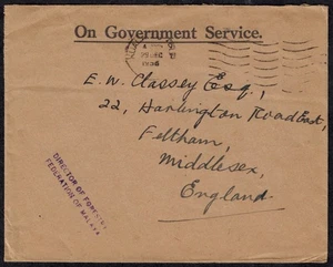 Malaya 1956 ON GOVERNMENT SERVICE Cover w/DIRECTOR OF FORESTS Marking in Purple - Picture 1 of 2