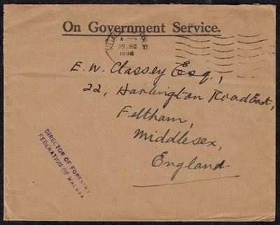 Malasia 1956 EN SERVICIO GUBERNAMENTAL Cubierta con DIRECTOR DE BOSQUES Marcado en Púrpura Foto 1 de 2