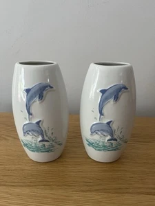 Pair of vintage 90s Dolphin Humidifier Wall Vases Ceramic 14.5 Cm - Picture 1 of 8