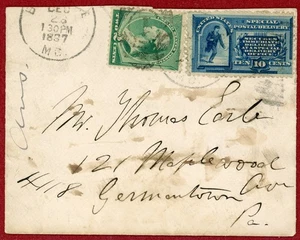 US 1887, #E1  Special Delivery 10c Blue on Cover, Baltimore, MD to PA, SCV $225 - Picture 1 of 2