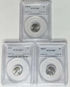 1943 PDS Lincoln Steel Cent 3 Coin Set PCGS MS67 ‼️LUSTROUS BLAST WHITE COINS‼️ - Picture 1 of 8