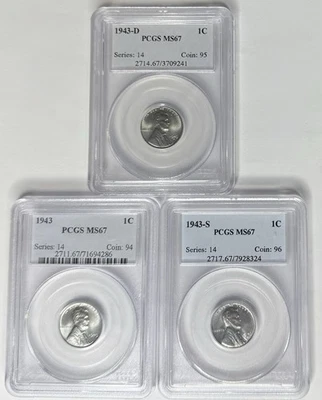 1943 PDS Lincoln Steel Cent 3 Coin Set PCGS MS67 ‼️LUSTROUS BLAST WHITE COINS‼️ - Image 1 of 4