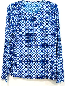 Lands End Top Stretch Long Sleeve Wrinkle Resist Blue White Black Size Med 10-12 - Picture 1 of 6