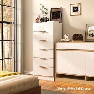 Bedroom Vanity with 6 Drawers, Living Room, High Gloss White, Gold Handles