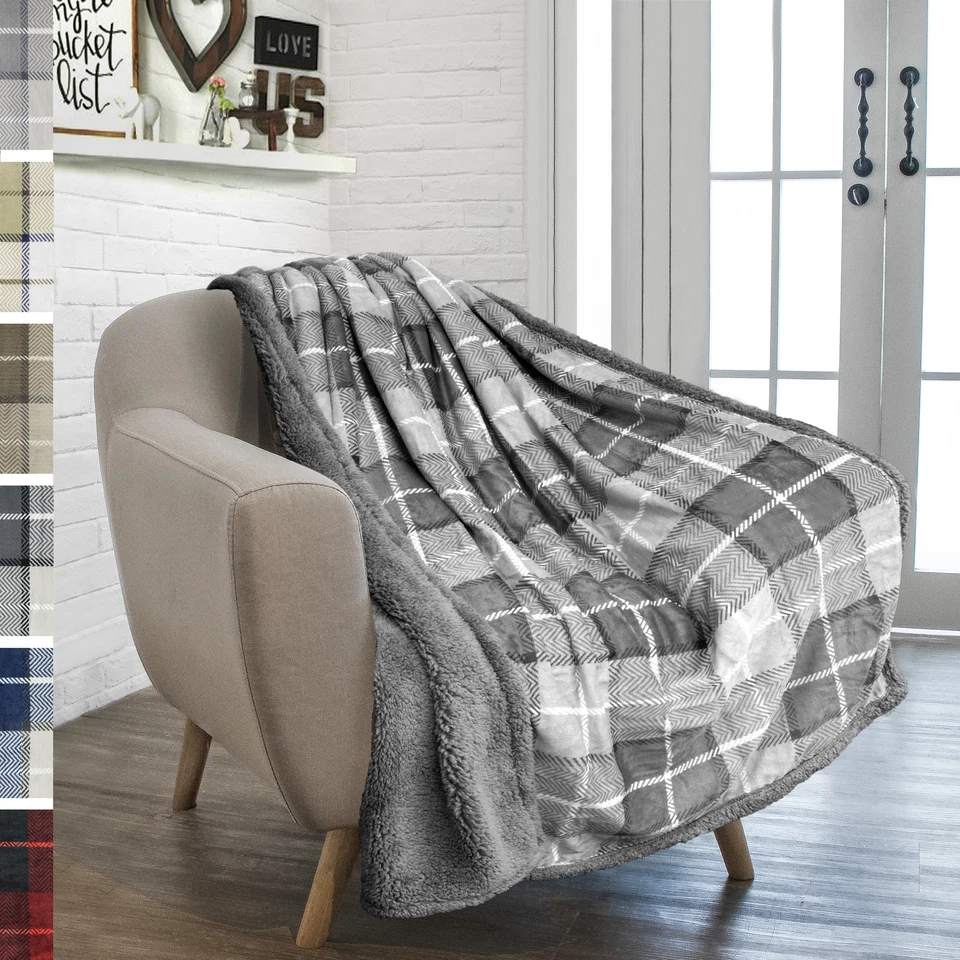 PAVILIA Premium Plaid Sherpa Fleece Throw Blanket | Super Soft Cozy Plush Lig...