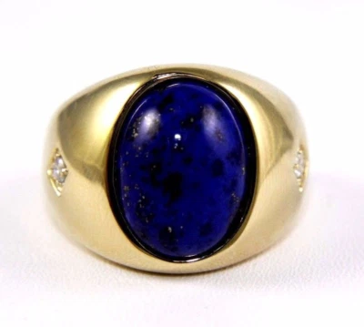 Natural Oval Blue Lapis Lazuli & Diamond Men's Ring 14k Yellow Gold 7.02Ct - Image 1 of 4