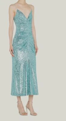 $2995 MONIQUE LHUILLIER Women Blue Sequined Ruched Midi Cocktail Dress Sz 10 - Image 1 of 3