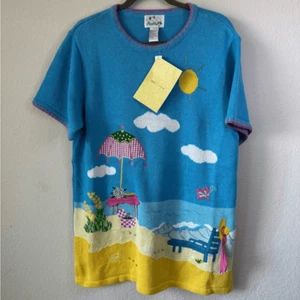 Quacker Factory Vtg Beach Scene Knit Sweater Sz L Colorful Summer Embroidery NWT - Picture 1 of 6