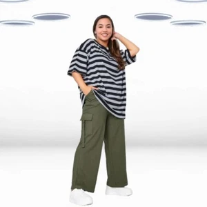 Ex Women's Plus Size Wide Leg Twill Cargo Trouser in Khaki Green (Defect) - Picture 1 of 5