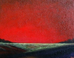 Abstract Minimalist landscape original acrylic painting "Ruby Sunset", 20x16x1 - Picture 1 of 4