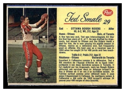 1963 Post cereal CFL fútbol americano Ted Smale #29 Ottawa áspero pilotos grado inferior Foto 1 de 2