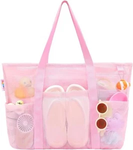 Waterproof Mesh Beach Bag w/ Zipper & 8 Pockets-pink - Picture 1 of 7
