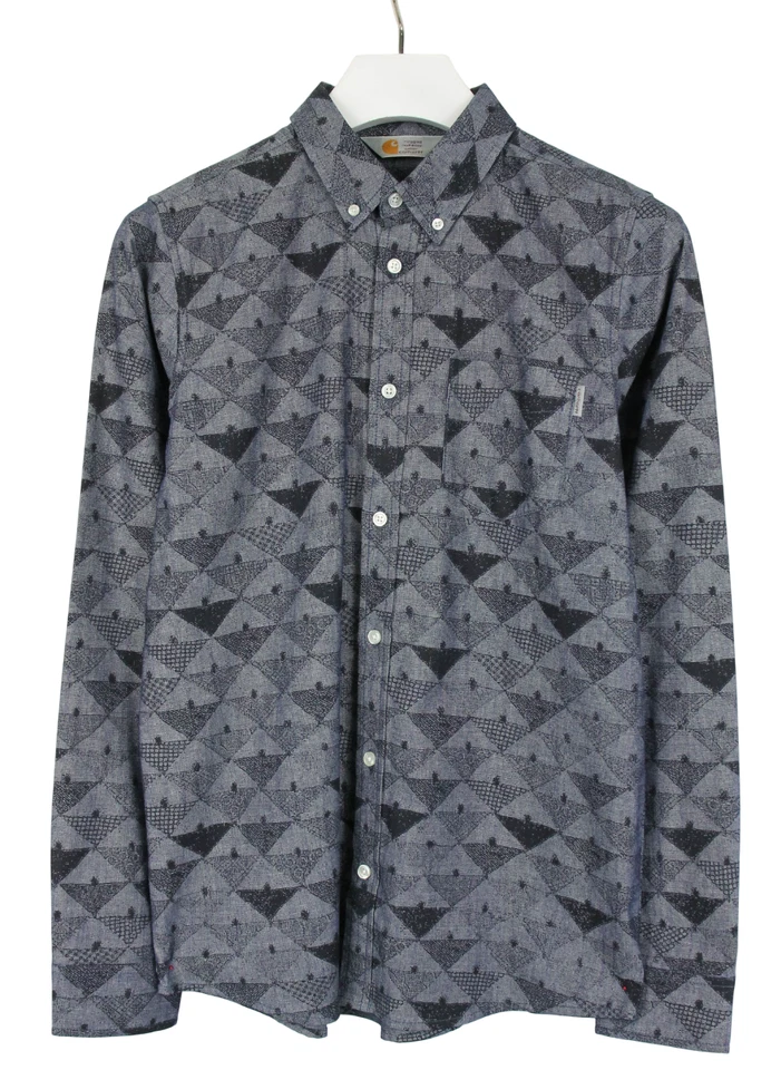 Carhartt Slim Hombres Camisa Mediano Estampado Azul Bolsillo Botón Manga Larga - Imagen 1 de 4