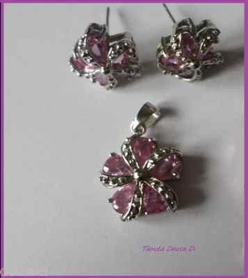 Molto Prezioso Pendenti E Orecchini In Argento 925 Con Pietra Amatista Rosa - Immagine 1 di 3