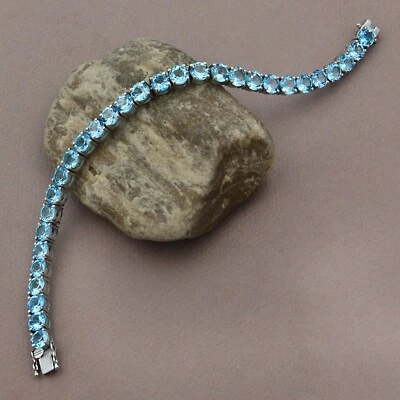 Natural Blue Topaz Gemstone  925 Sterling Silver Tennis Bracelet Gift For Women Foto 1 de 4
