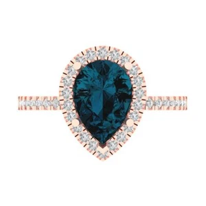 2.38Ct Pear Cut Natural London Blue Topaz Halo Engagement Ring, 14K Rose Gold - Picture 1 of 11
