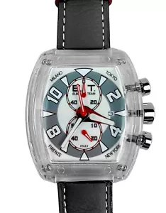LOCMAN ELBA TEAM QUARTZ CHRONOGRAPH WATCH CLEAR GRAY LEATHER BAND DATE ITALY NEW - Picture 1 of 8