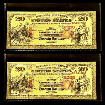 LOT X 2 1875 $20 BILL US 24K GOLD BANKNOTES IN PROTECTIVE SLEEVE W COA - Image 1 of 4