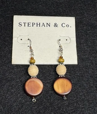 Stephan & Co. Wood Bead Dangle Earrings Brown Tan Boho Natural Drop Jewelry NEW - Image 1 of 2