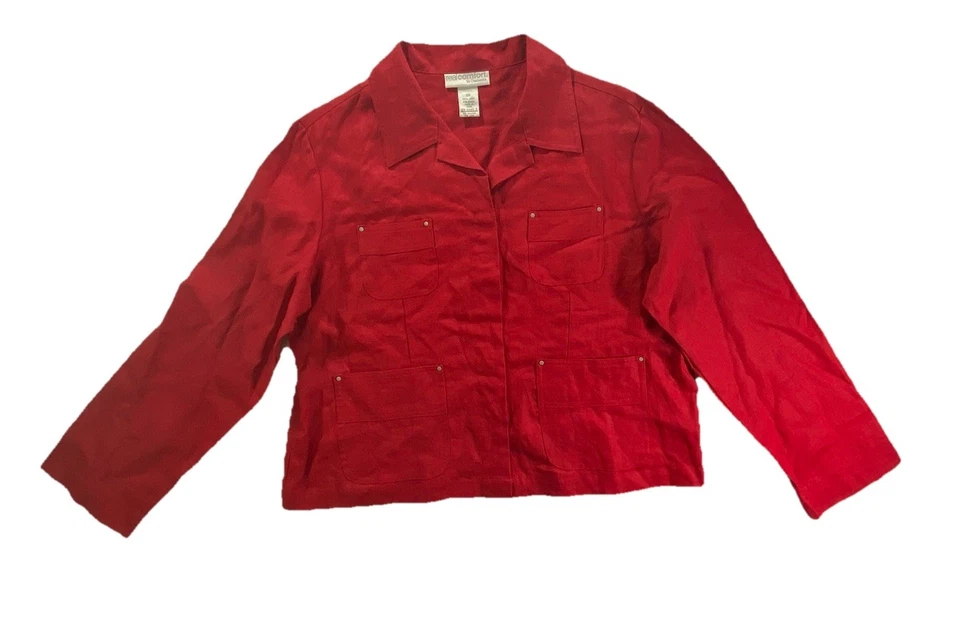 VTG Chadwicks Real Comfort Red 100% Linen Jacket Size 12P | Silver Floral Studs - Image 1 of 4