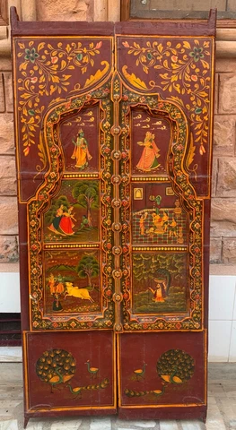 Old wooden door god Radha Krishna painted antique frame heavy Indian furniture Cover