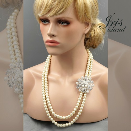 OFF WHITE Collana a strati filo di perle bianche cristallo fiocco di neve fiore spilla argento 016