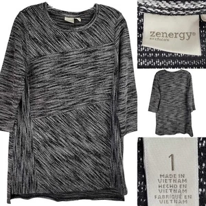 Chicos Zenergy Sweatshirt Womens Size 1 Medium Black White Rayon Pullover - Picture 1 of 9