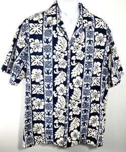 Camicia hawaiana vintage Evergreen Island da uomo XL nero blu bianco floreale Aloha - Foto 1 di 6