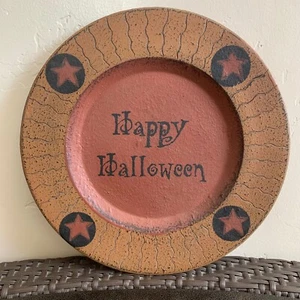 Rustic Primitive Happy Halloween wood plate painted 11" diameter - Picture 1 of 2