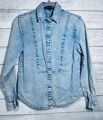 Camisa informal The Fifth Denim azul abotonada manga larga para mujer Y2k con volantes Foto 1 de 4