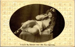 Vintage Postcard I Love My Dinner But Oh You Cigarette Package Woman Humor AD - Picture 1 of 3
