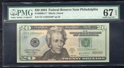 FR. 2089-C* 2004 $20 *STAR* FRN PHILADELPHIA, PA PMG GEM UNCIRCULATED-67EPQ (Q) - Image 1 of 2