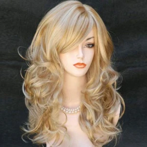 Fashion Long Blonde Mix Wavy Curly Women's Lady Cosplay Hair Wig Full Wigs + Cap - Picture 1 of 6