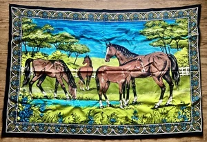 Vintage Tapestry Hanging Wall Art Brown Horses 54” X36” - Picture 1 of 12